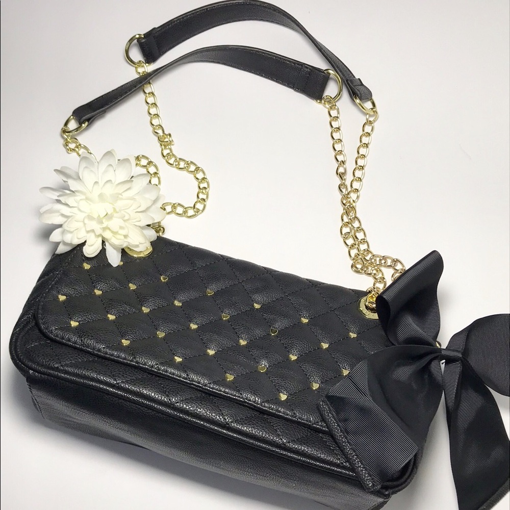 Betsey Johnson Black Quilted Shoulder Bag Heart Studs Bow Chain Handle NWOT